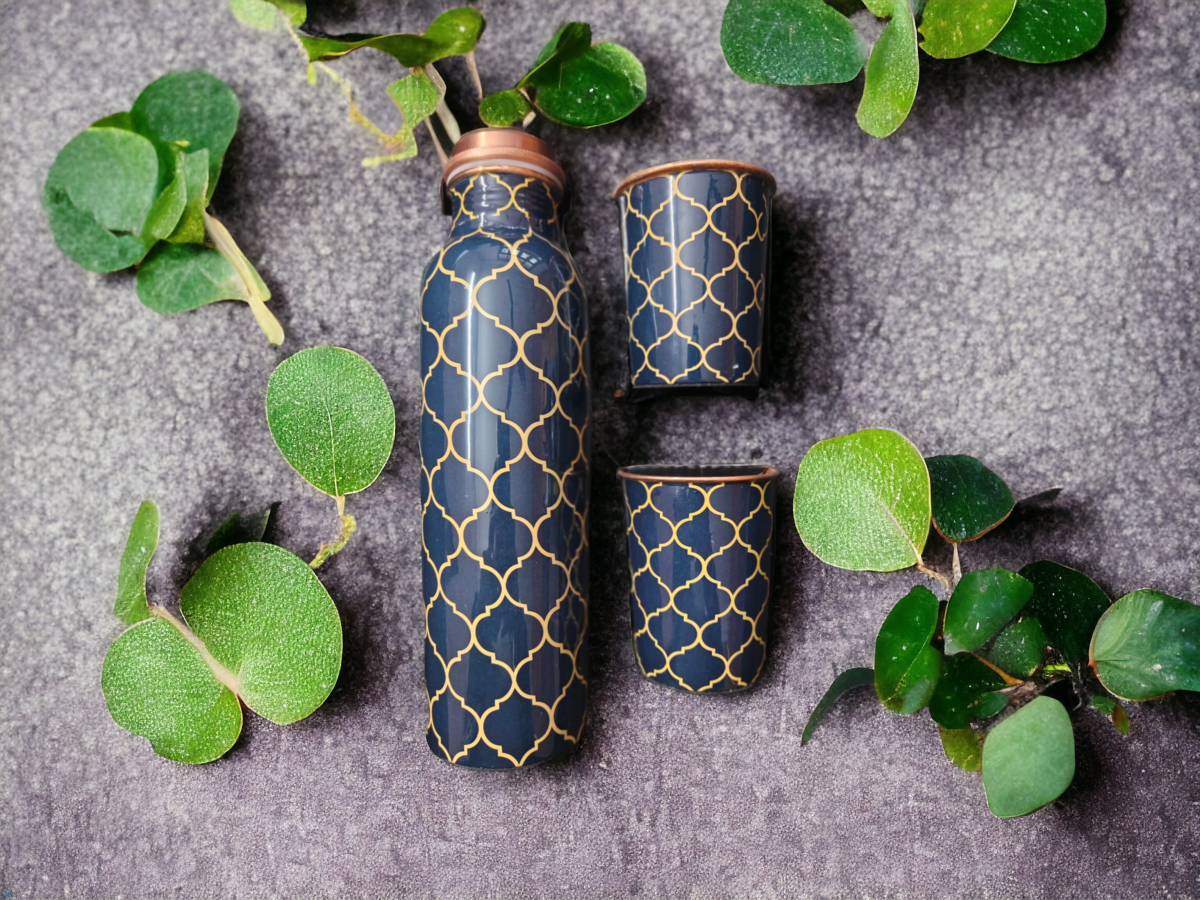 Printed copper bottle with 2 mugs and free cleaning brush