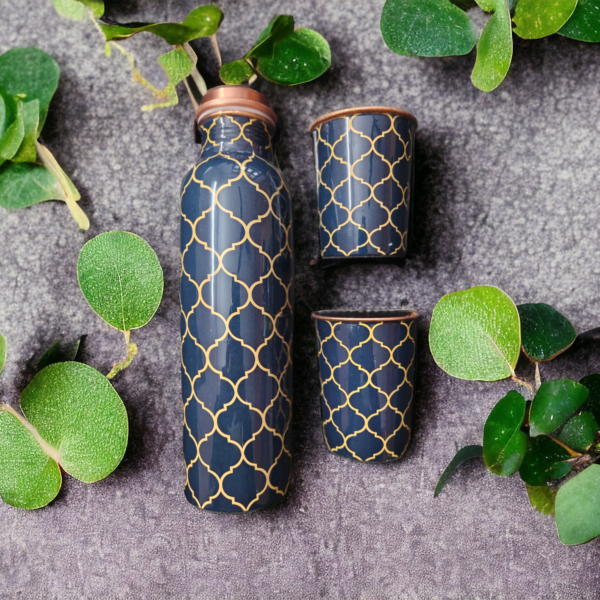 Printed copper bottle with 2 mugs and free cleaning brush